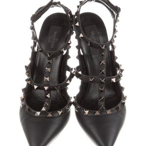 VALENTINO Rockstud Accents Leather T-Strap Pumps